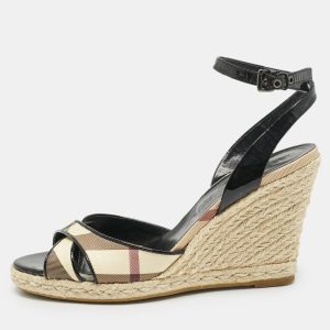 Burberry Brown Patent Leather and Nova Check Canvas Wedge Sandals Size 40, Sandals - Luxury Closet catalog