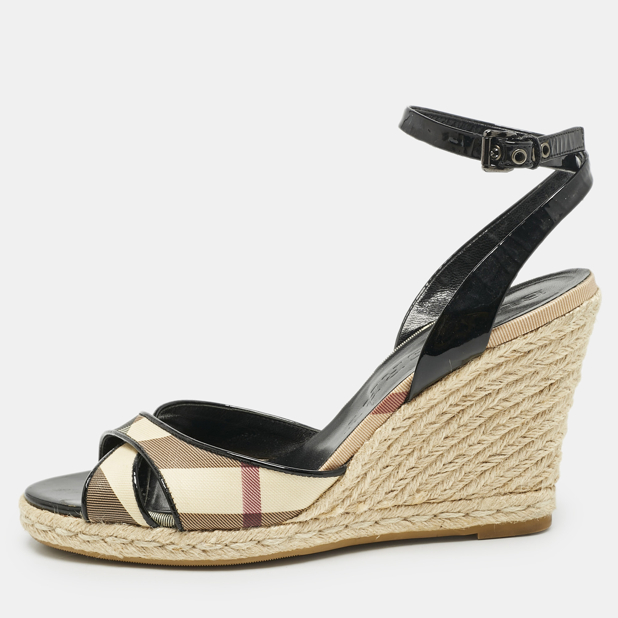 Burberry Brown Patent Leather and Nova Check Canvas Wedge Sandals Size 40, Sandals - Luxury Closet catalog