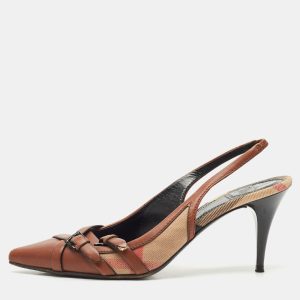 Burberry Brown Leather And Novacheck Buckle Slingback Sandals Size 39, Pumps - Luxury Closet catalog