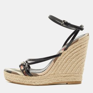 Burberry Beige/Black Check Patent Leather and Canvas Espadrille Wedge Sandals Size 38, Sandals - Luxury Closet catalog