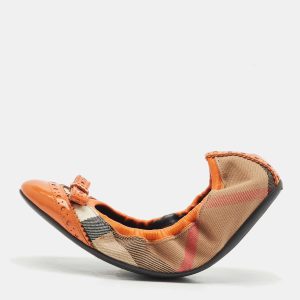 Burberry Brown/Yellow Leather and Nova Check Canvas Scrunch Ballet Flats Size 36.5, Flats - Luxury Closet catalog