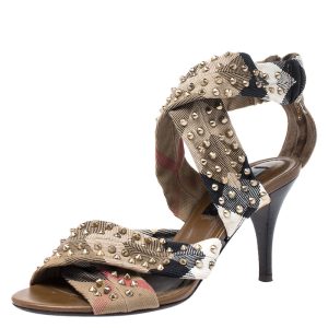 Burberry Beige Nova Check Criss Cross Canvas Spike Studded Open Toe Sandals Size 37, Sandals - Luxury Closet catalog