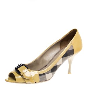 Burberry Yellow/Beige Check PVC and Patent Leather Buckle Peep Toe Pumps Size 38, Pumps - Luxury Closet catalog