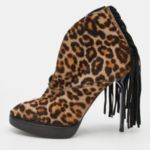 Burberry Beige/Brown Leopard Print Calf Hair Fringe Ankle Boots Size 37, Boots - Luxury Closet catalog