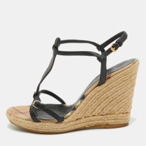 Burberry Black Leather T-Bar Espadrille Wedge Sandals Size 39, Sandals - Luxury Closet catalog