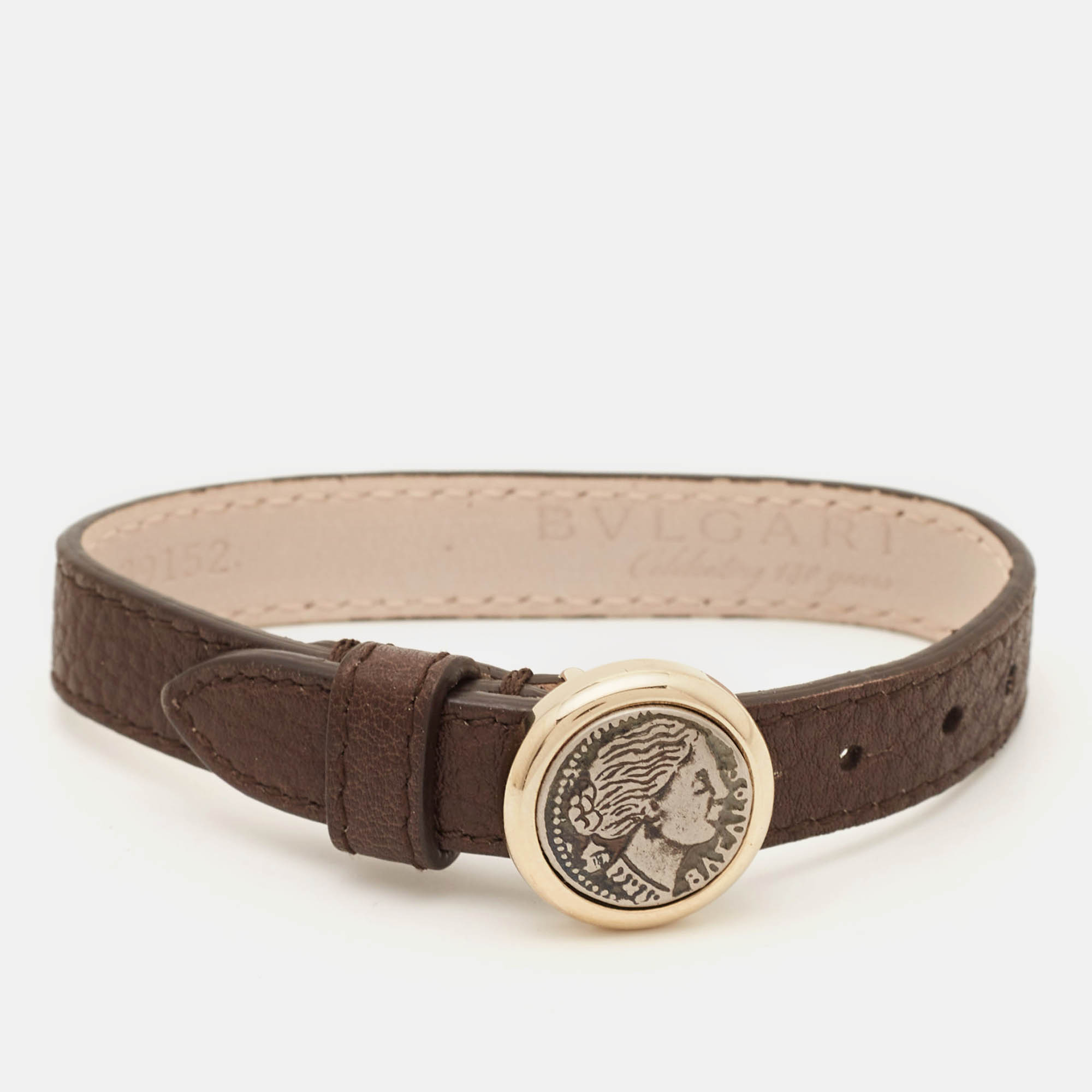 Bvlgari Monete Coin 130 Years Celebration Brown Leather Gold Tone Wrap Bracelet, Jewelry - Luxury Closet catalog