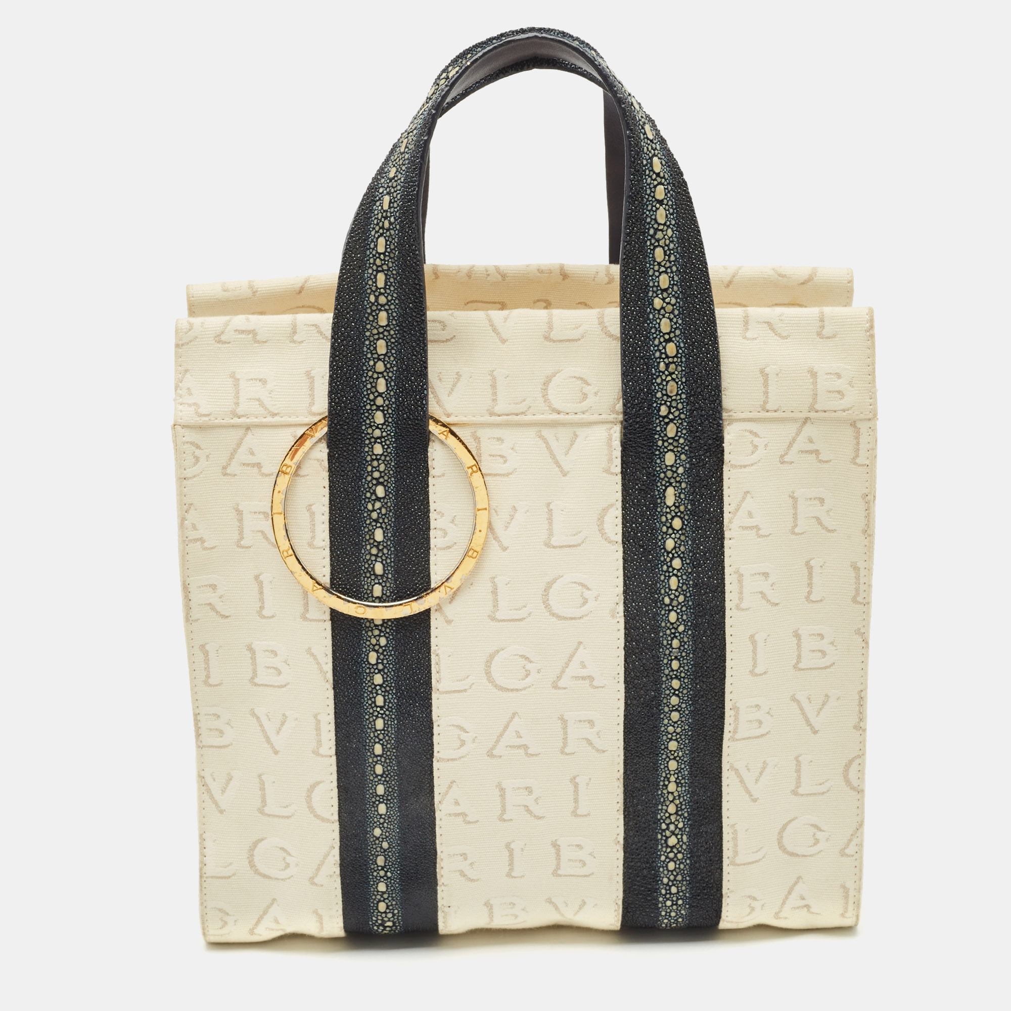 Bvlgari Blue/Off White Logomania Canvas and Stingray Bangle Tote, Tote Handbags - Luxury Closet catalog
