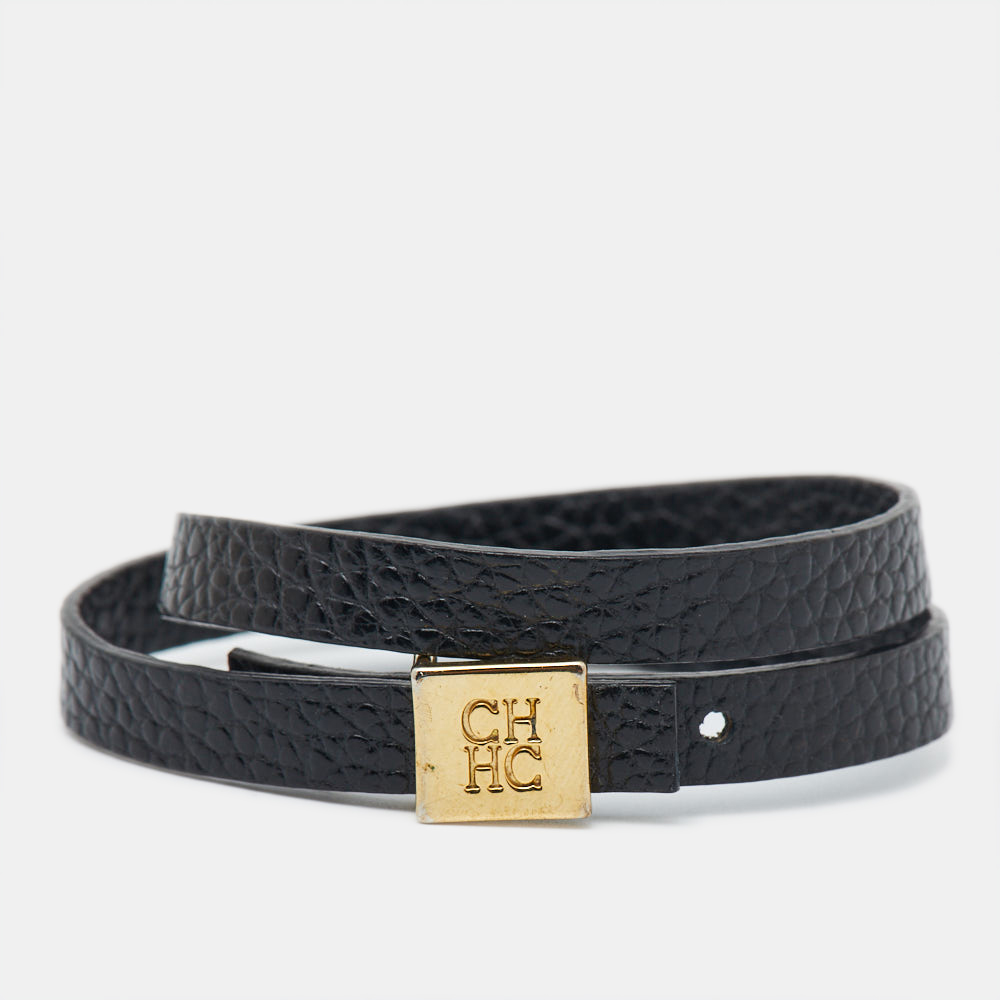 Carolina Herrera CH Black Leather Gold Tone Wrap Bracelet, Jewelry - Luxury Closet catalog