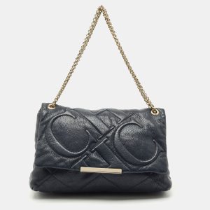 Carolina Herrera Navy Blue Embossed Leather Metal Flap Shoulder Bag, Shoulder Bags - Luxury Closet catalog