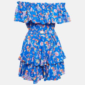 Caroline Constas Blue Printed Cotton Blend Ruffled Mini Dress M, Dresses - Luxury Closet