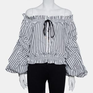 Caroline Constas White Striped Cotton Off Shoulder Ruffled Crop Top XS, Shirts & Tops - Luxury Closet catalog
