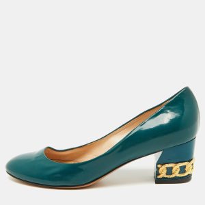 Casadei Teal Green Patent Leather Chain Block Heel Round Toe Pumps Size 38, Pumps - Luxury Closet catalog
