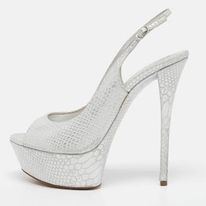 Casadei Silver Python Embossed Leather Peep Toe Slingback Sandals Size 39, Sandals - Luxury Closet catalog