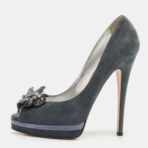 Casadei Grey Suede Crystal Embellished Bow Peep Toe Pumps Size 38, Pumps - Luxury Closet catalog