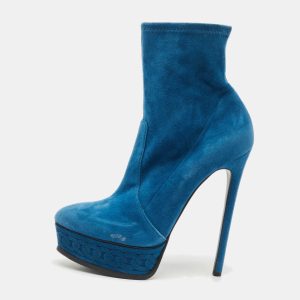 Casadei Blue Suede Chain Embossed Ankle Sock Boots Size 39.5, Boots - Luxury Closet catalog