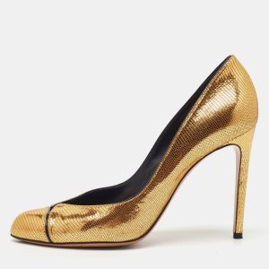 Casadei Metallic Gold Lizard Embossed Leather Round Toe Pumps Size 38.5, Pumps - Luxury Closet catalog