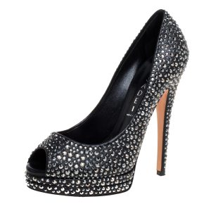 Casadei Black Leather Swarovski Crystal Embellished Peep Toe Pumps Size 37, Pumps - Luxury Closet catalog