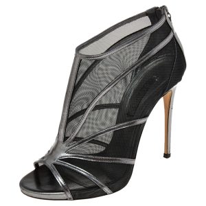 Casadei Metallic Grey/Black Leather and Mesh Open-Toe Ankle Booties Size 38, Boots - Luxury Closet catalog