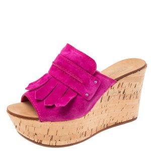 Casadei Pink Suede Tassel Open Toe Cork Platform Wedge Sandals Size 38, Sandals - Luxury Closet catalog