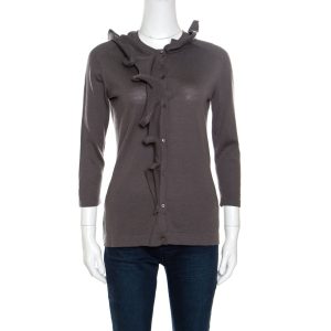 Celine Grey Wool Ruffled Asymmetric Neckline Detail Button Front Cardigan M, Sweaters & Cardigans - Luxury Closet catalog