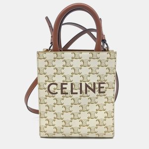 Celine Brown Cream Coated canvas Triumph Cabas Vertical Mini bag, Satchels - Luxury Closet catalog