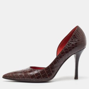 Celine Dark Brown Croc Embossed Leather D'orsay Pointed Toe Pumps Size 37, Pumps - Luxury Closet catalog