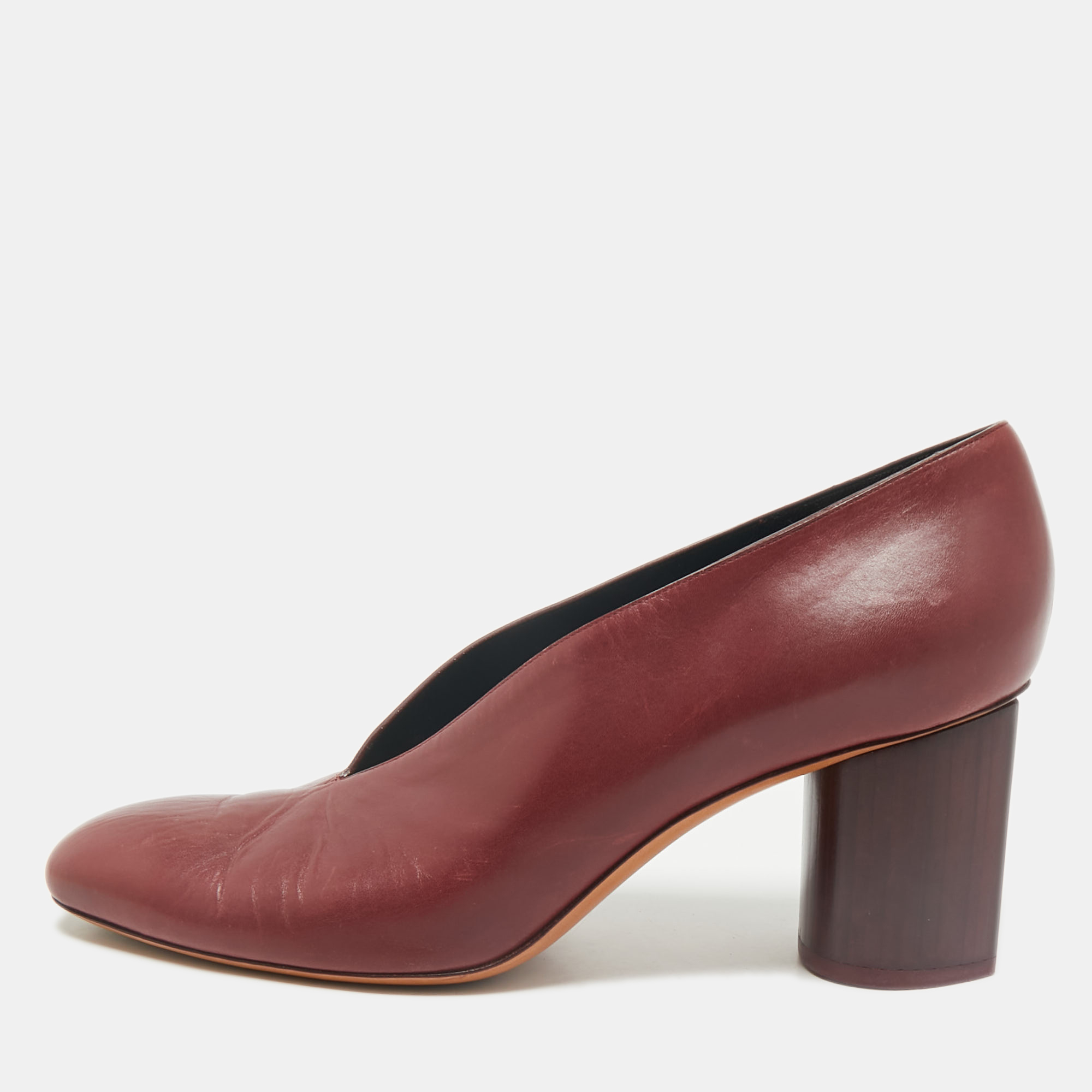 Celine Burgundy Leather V Neck Round Toe Block Heel Pumps Size 40.5, Pumps - Luxury Closet catalog