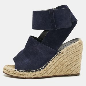 Celine Navy Blue Suede Wedge Ankle Wrap Espadrille Sandals Size 37, Sandals - Luxury Closet catalog