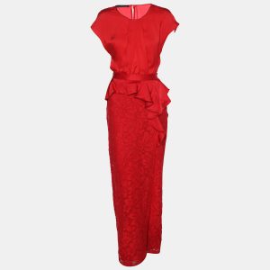 CH Carolina Herrera Red Lace Ruffle Trim Slit Detail Maxi Skirt and Tops M, Skirts - Luxury Closet catalog