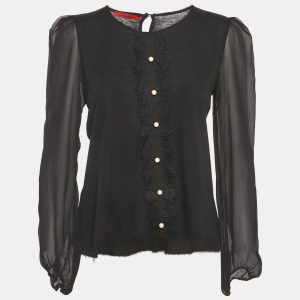 CH Carolina Herrera Black Lace Trim Knit and Silk Top M, Shirts & Tops - Luxury Closet catalog