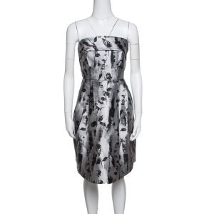 CH Carolina Herrera Silver and Black Floral Jacquard Strapless Dress S, Dresses - Luxury Closet catalog
