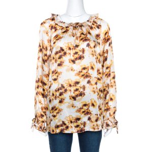 CH Carolina Herrera White & Brown Printed Silk Ruffled Blouse L, Shirts & Tops - Luxury Closet catalog