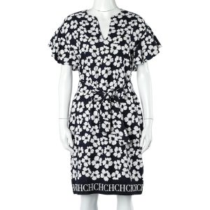 CH Carolina Herrera Navy Blue Floral Print Silk & Linen Belted Dress S, Dresses - Luxury Closet catalog