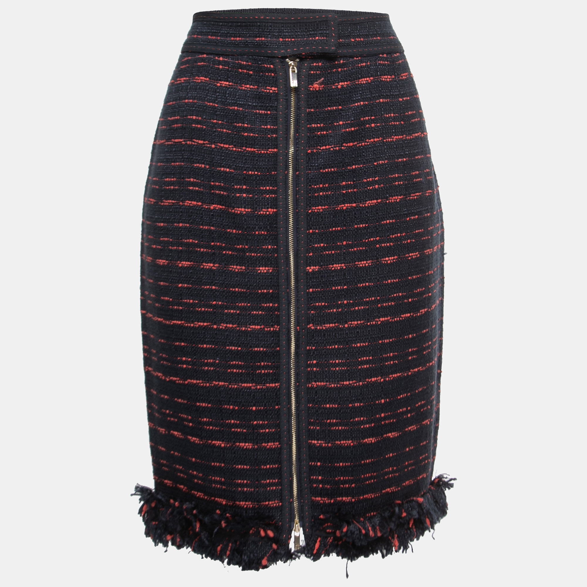 CH Carolina Herrera Navy Blue Tweed Zip Front Fringed Knee Length Skirt M, Skirts - Luxury Closet catalog