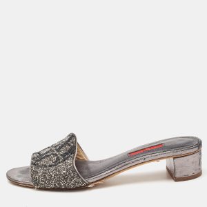 CH Carolina Herrera Grey Leather Crystal Embellished Logo Slide Sandals Size 38, Sandals - Luxury Closet catalog
