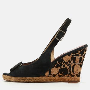 CH Carolina Herrera Black Suede Bow Cork Wedge Slingback Sandals Size 38, Sandals - Luxury Closet catalog