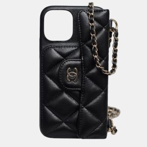 Chanel Black Lambskin Quilted iPhone 12Pro Chain Case, Mobile Phone Cases - Luxury Closet catalog