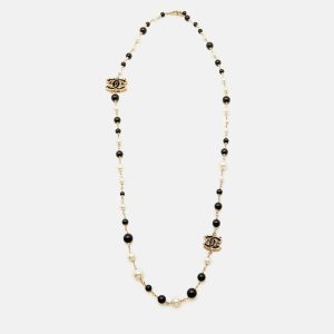 Chanel Faux Pearl Black Beads Gold Tone CC Baroque Station Necklace, Jewelry - Luxury Closet catalog