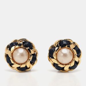 Chanel Gold/Black Faux Pearl and Leather Chain Iconic Clip On Earrings, Jewelry - Luxury Closet catalog