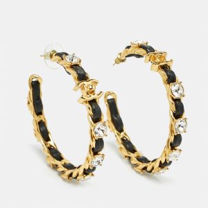 Chanel  CC Leather Crystals Gold Tone Hoop Earrings, Jewelry - Luxury Closet catalog