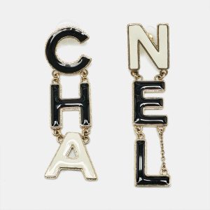 Chanel 'CHA-NEL' Enamel Gold  Tone Drop Earrings, Jewelry - Luxury Closet catalog