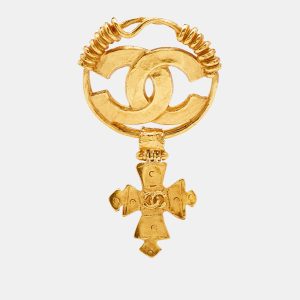 Chanel CC Logo Cross Drop Gold Tone Pin Brooch, Jewelry - Luxury Closet catalog