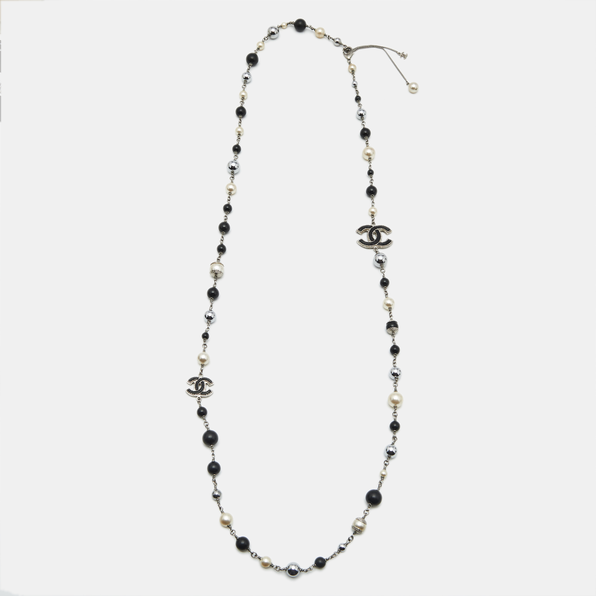 Chanel CC Faux Pearl Beads Enamel Silver Tone Station Necklace, Jewelry - Luxury Closet catalog