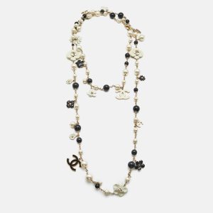 Chanel CC Camelia Faux Pearl Beads Enamel Gold Tone Metal Long Necklace, Jewelry - Luxury Closet catalog