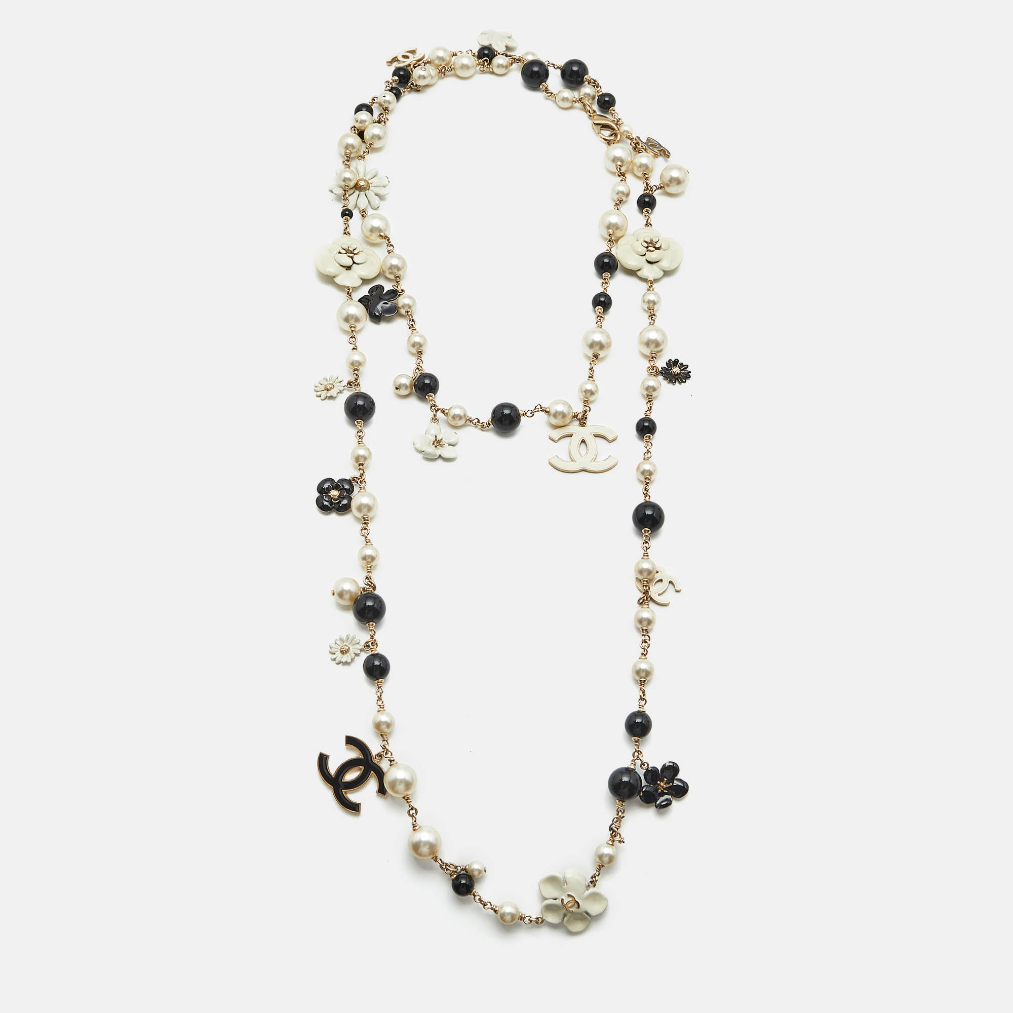 Chanel CC Camelia Faux Pearl Beads Enamel Gold Tone Metal Long Necklace, Jewelry - Luxury Closet catalog