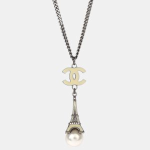 Chanel Eiffel Tower Artificial Pearl Rhinestone Silver Chain Necklace, Jewelry - Luxury Closet catalog