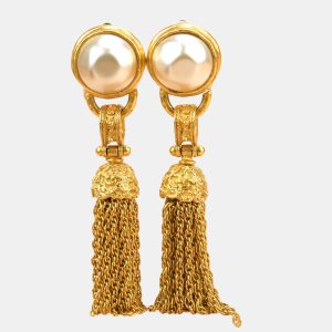 Chanel Vintage 1994 Gold Plated Pearl Fringe Tassel Dangle Clip On Earrings, Jewelry - Luxury Closet catalog