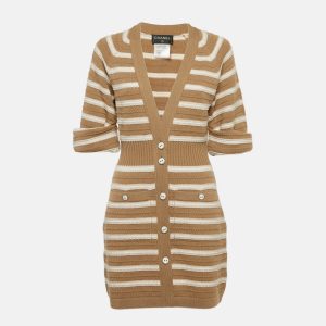 Chanel Beige/Ivory Stripe Cashmere Knit Button Front Mini Sweater Dress M, Dresses - Luxury Closet catalog