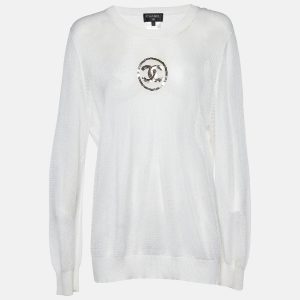 Chanel Off-White Knit Sequin Logo Detail Full Sleeve Sweater L, Sweaters & Cardigans - Luxury Closet catalog