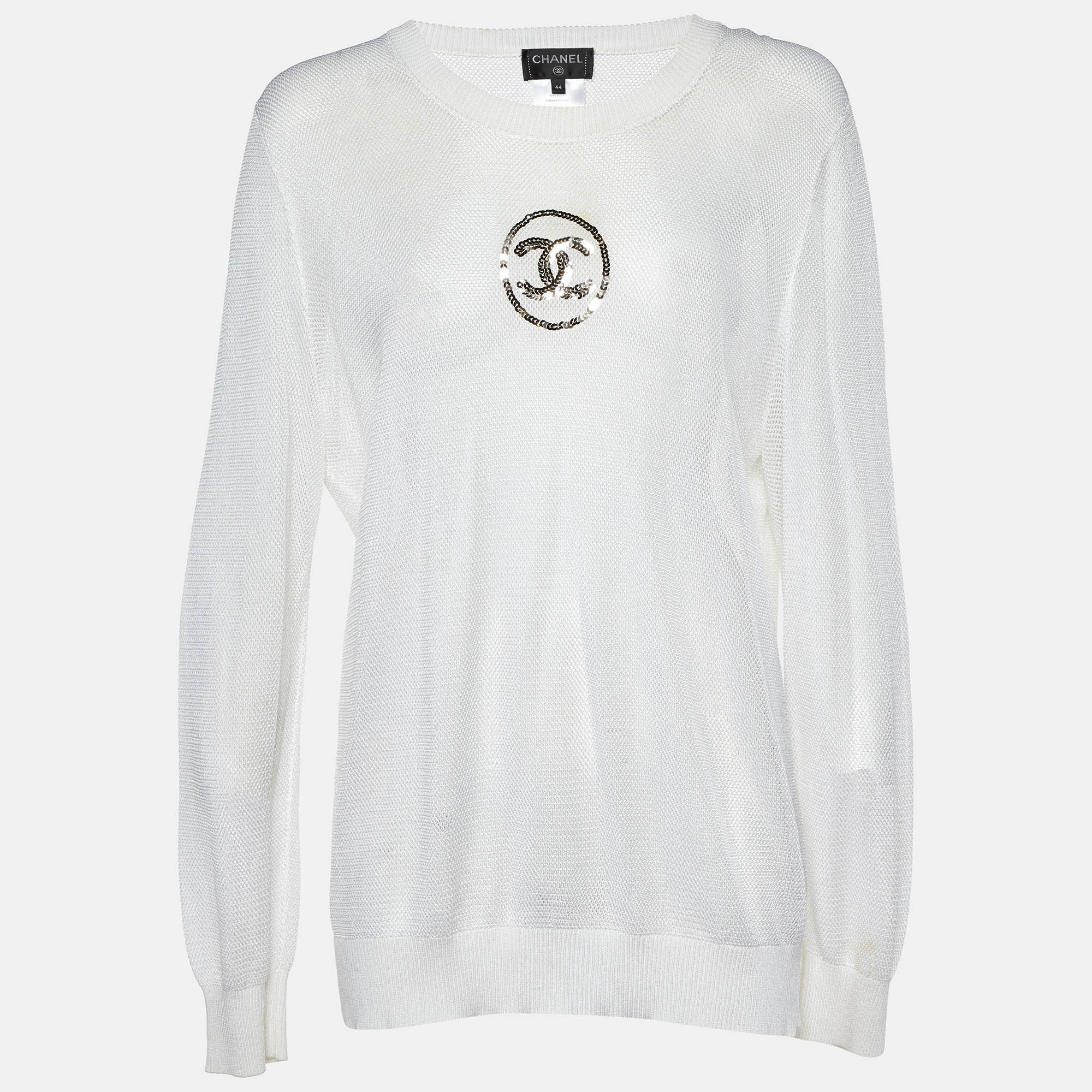 Chanel Off-White Knit Sequin Logo Detail Full Sleeve Sweater L, Sweaters & Cardigans - Luxury Closet catalog
